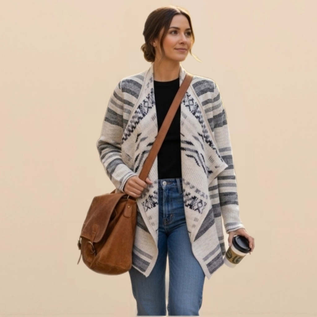 Lucky Brand Open Front Waterfall Cardigan Duster Ivory Black Gray 119 Nwot